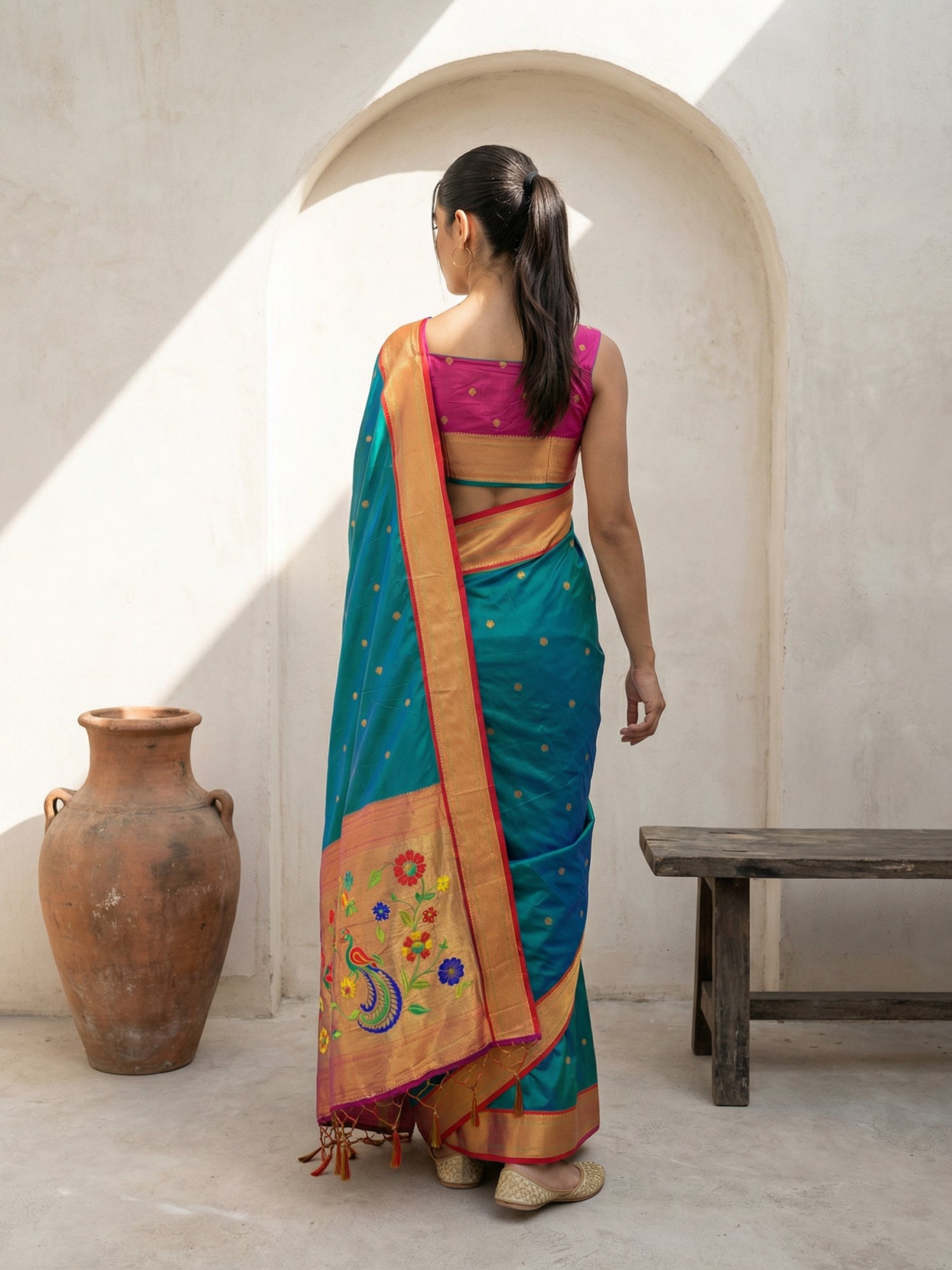 luxury silk saree with graceful drape and contrast woven border