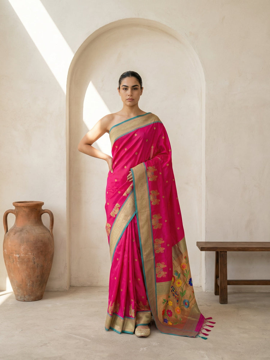 designer pink premium soft silk saree with zari woven polka motifs