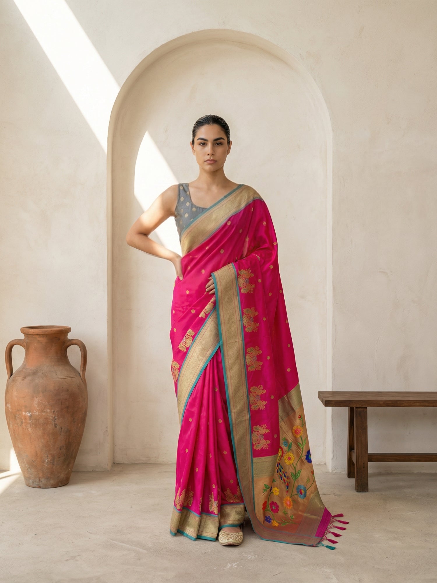 festive pink silk saree with rich woven traditional pallu