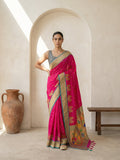 festive pink silk saree with rich woven traditional pallu