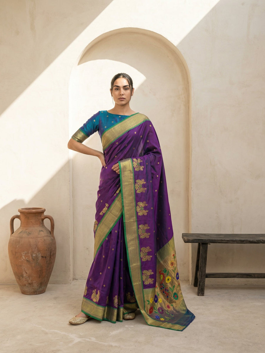 beautiful purple premium soft silk saree with zari woven motifs