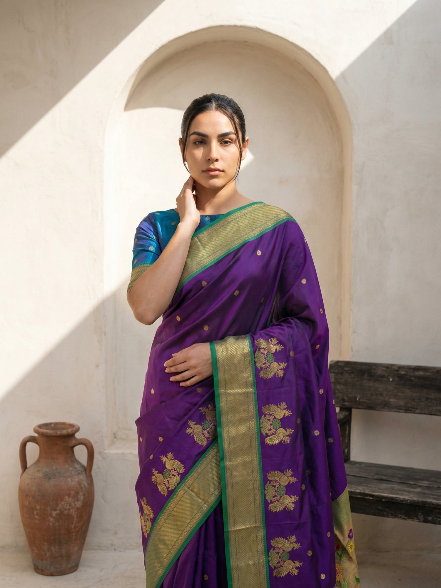 elegant purple paithani saree with contrast peacock panel border