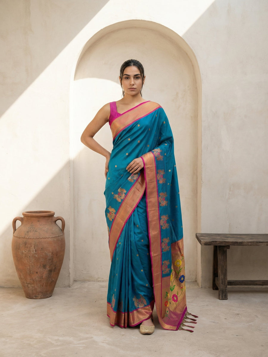 rama green paithani soft silk saree with zari woven polka motifs