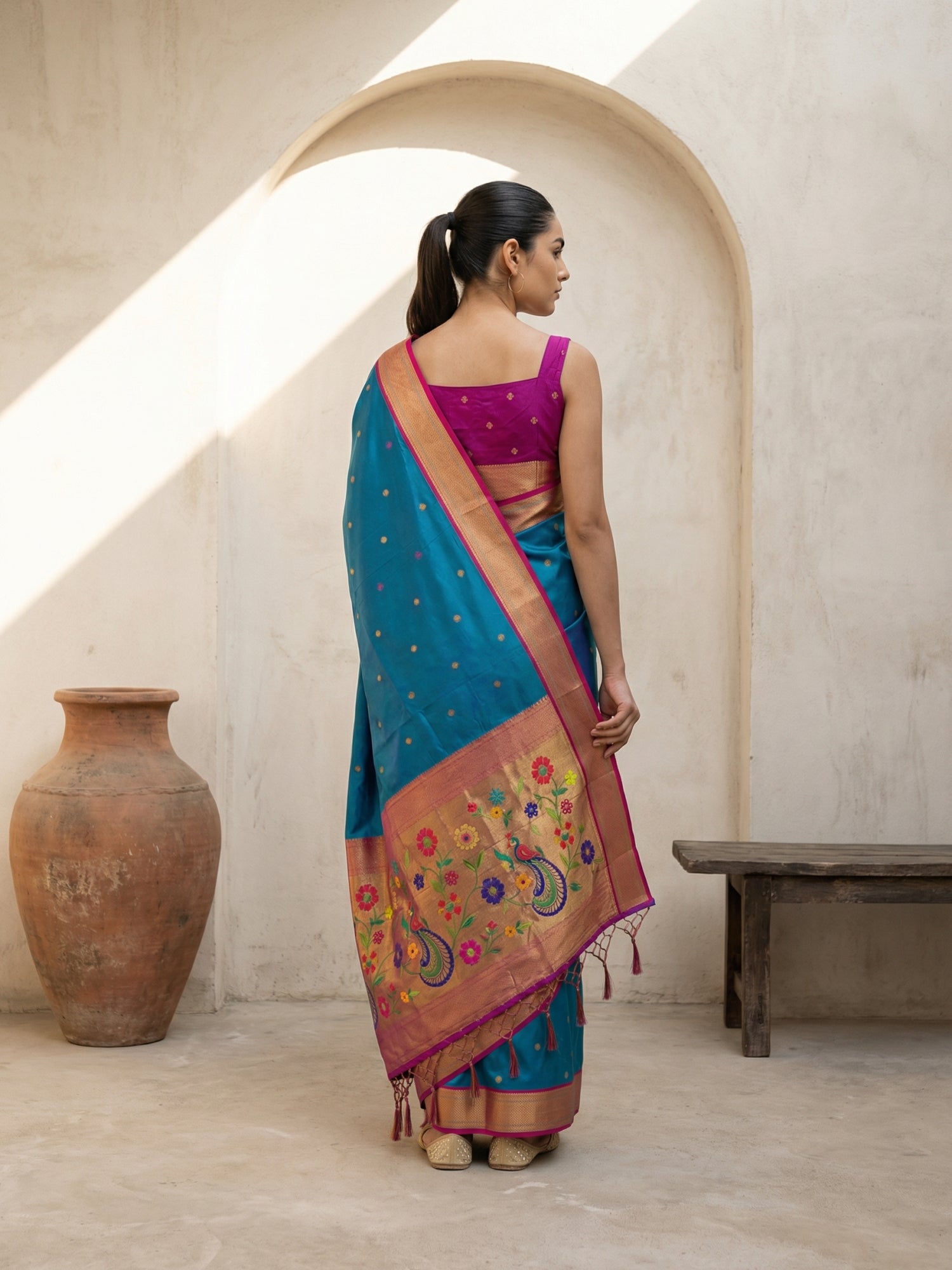 ethnic silk saree with traditional peacock border and rich texture