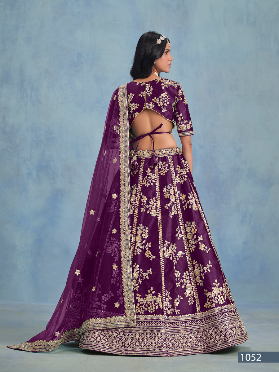 Blooming Purple Embroidered Art Silk Bridesmaid Lehenga with Net Dupatta