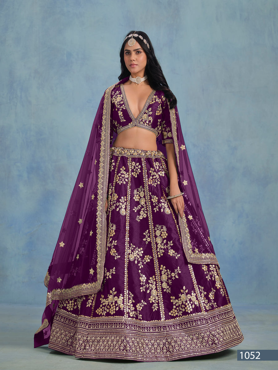 Blooming Purple Embroidered Art Silk Bridesmaid Lehenga with Net Dupatta