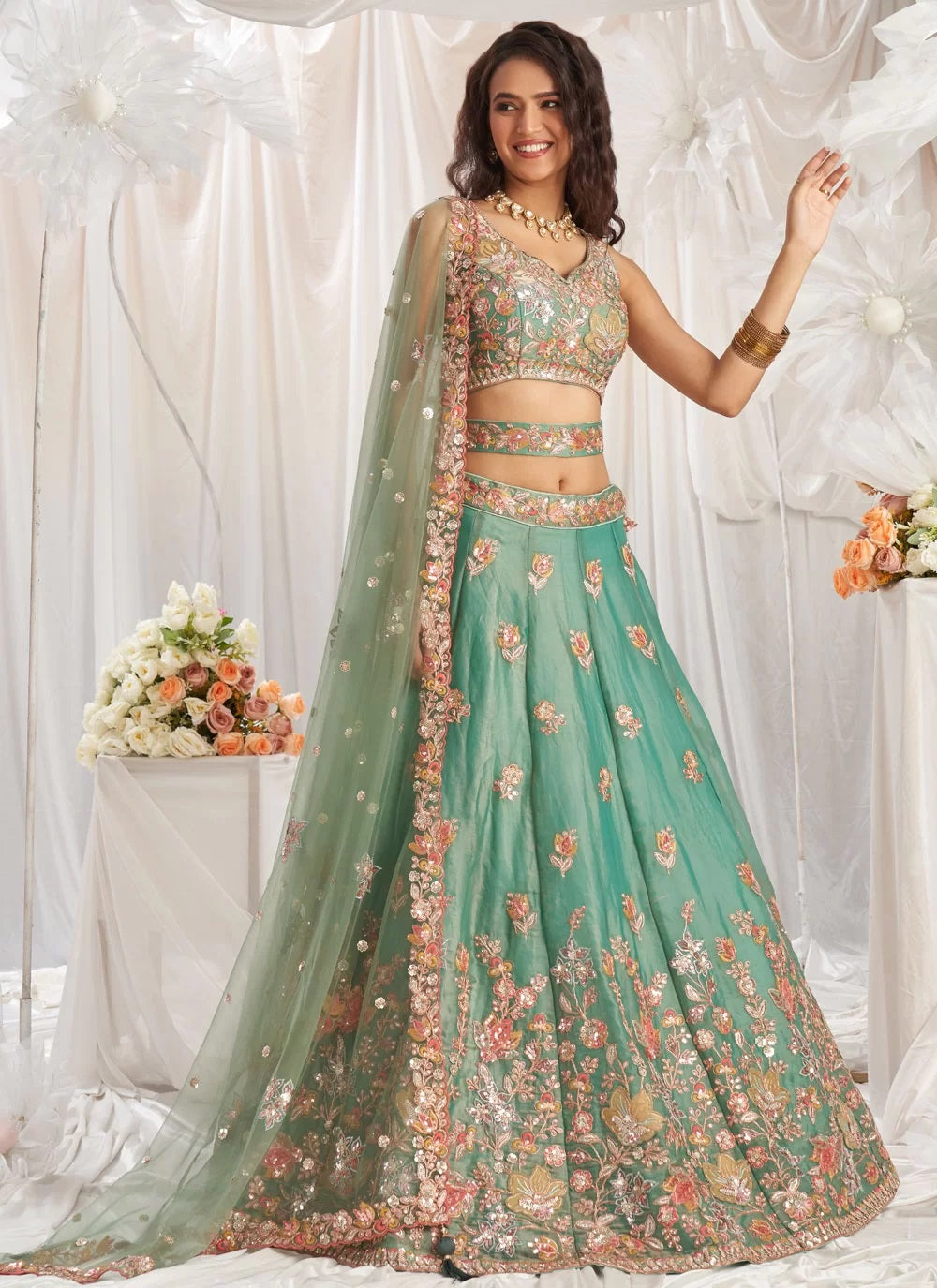 Lime Green Bridesmaid Lehenga Choli with Sequins and Zarkan Embroidery for Wedding