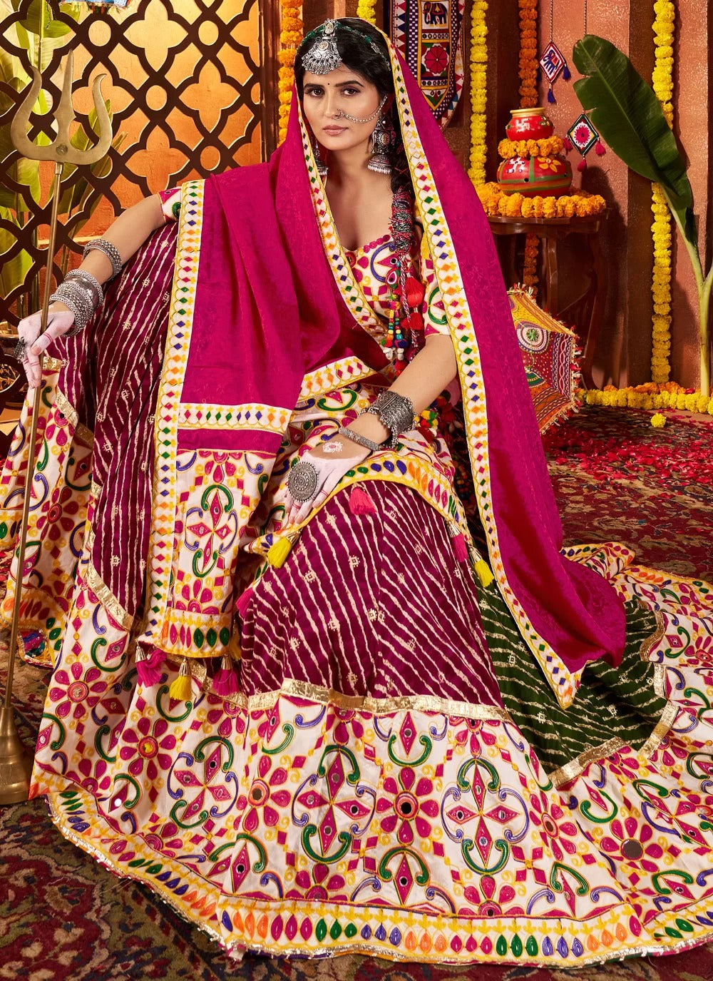 Pink jacquard dupatta mirror lehenga choli