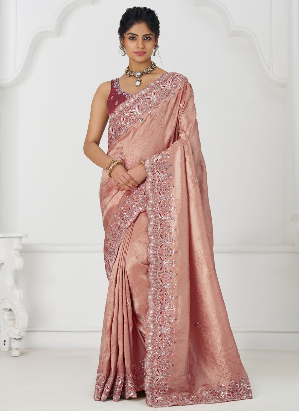 Pink Dola Silk Wedding Saree with Aari Embroidery & Banarasi Border – Gunj Fashion