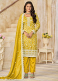 Gorgeous Yellow Organza Gold Crush Top Bottom Dupatta Set For Festive Wear