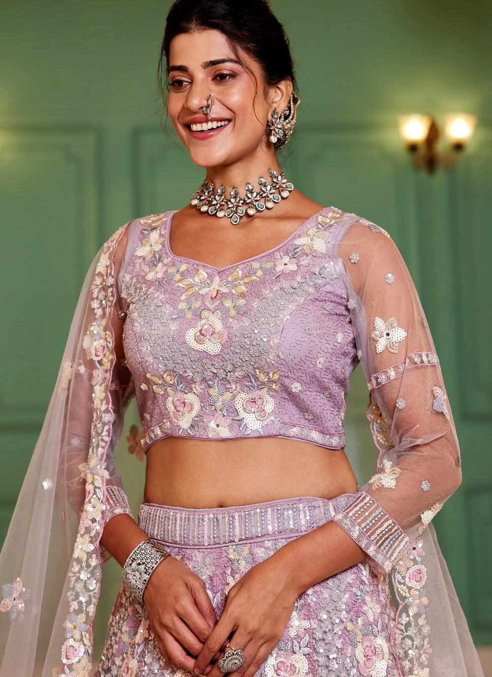 Mauve Tissue Lehenga Choli with Sequins & Thread Work – Wedding Wear with Embroidered Dupatta