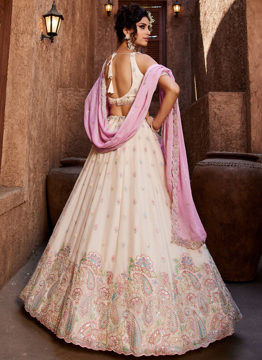 Cream georgette party wear lehenga