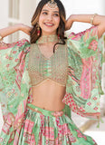 Green Chinnon Silk Sangeet Special Lehenga Choli with Dori Embroidery and Chiffon Dupatta