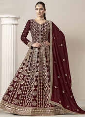 Maroon Embroidered Abaya Style Suit in Faux Georgette with Dupatta