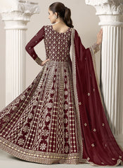 Maroon Embroidered Abaya Style Suit in Faux Georgette with Dupatta