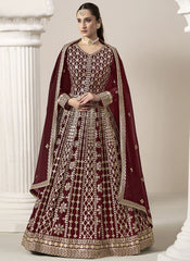 Graceful Maroon Faux Georgette Embroidered Abaya Style Suit