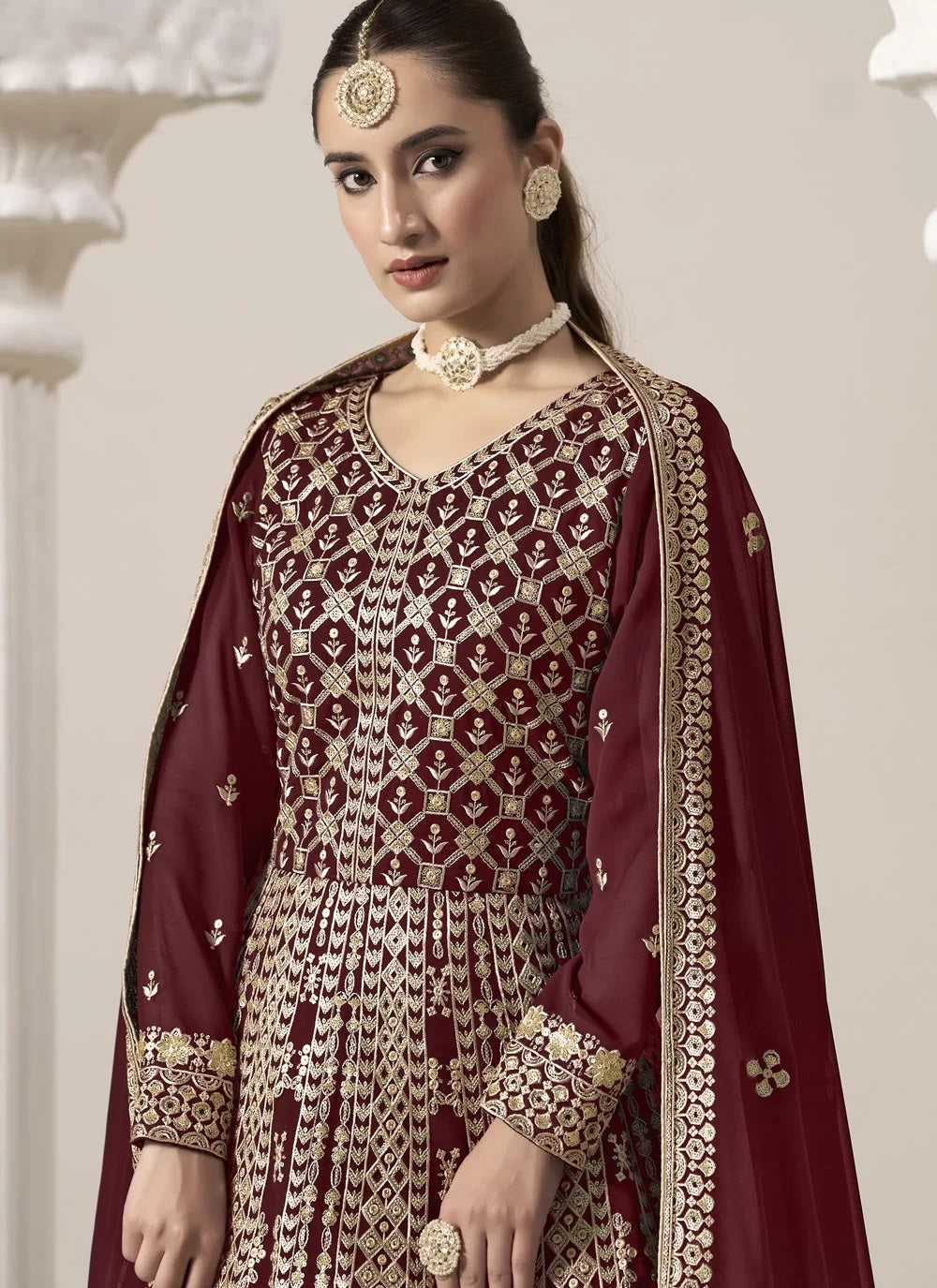 Maroon Embroidered Abaya Style Suit in Faux Georgette with Dupatta