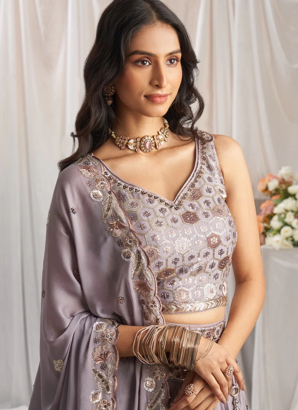 Designer mauve lehenga for bride's sister