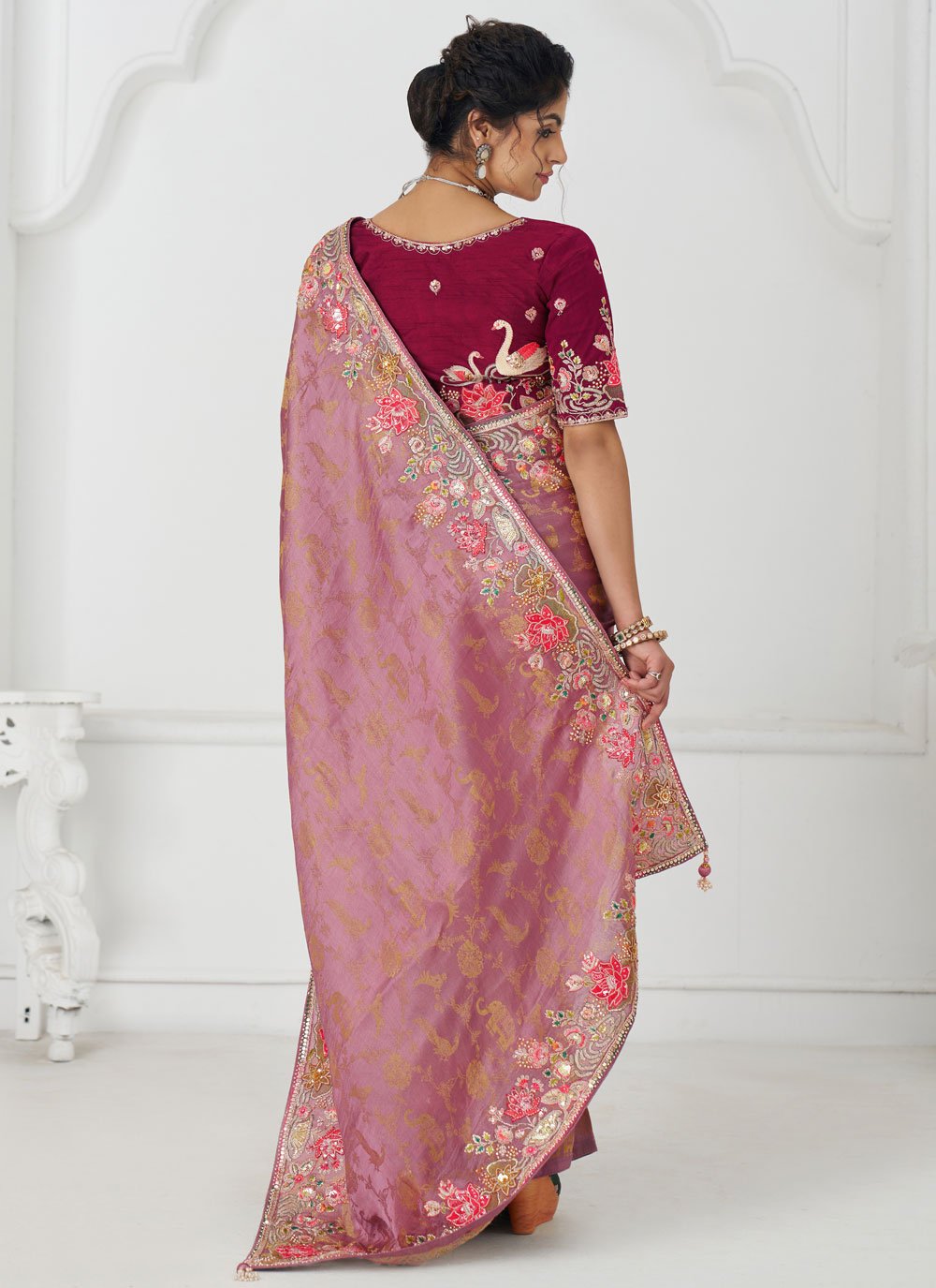 Graceful Pink Embroidered Dola Silk Saree for Wedding Wear

