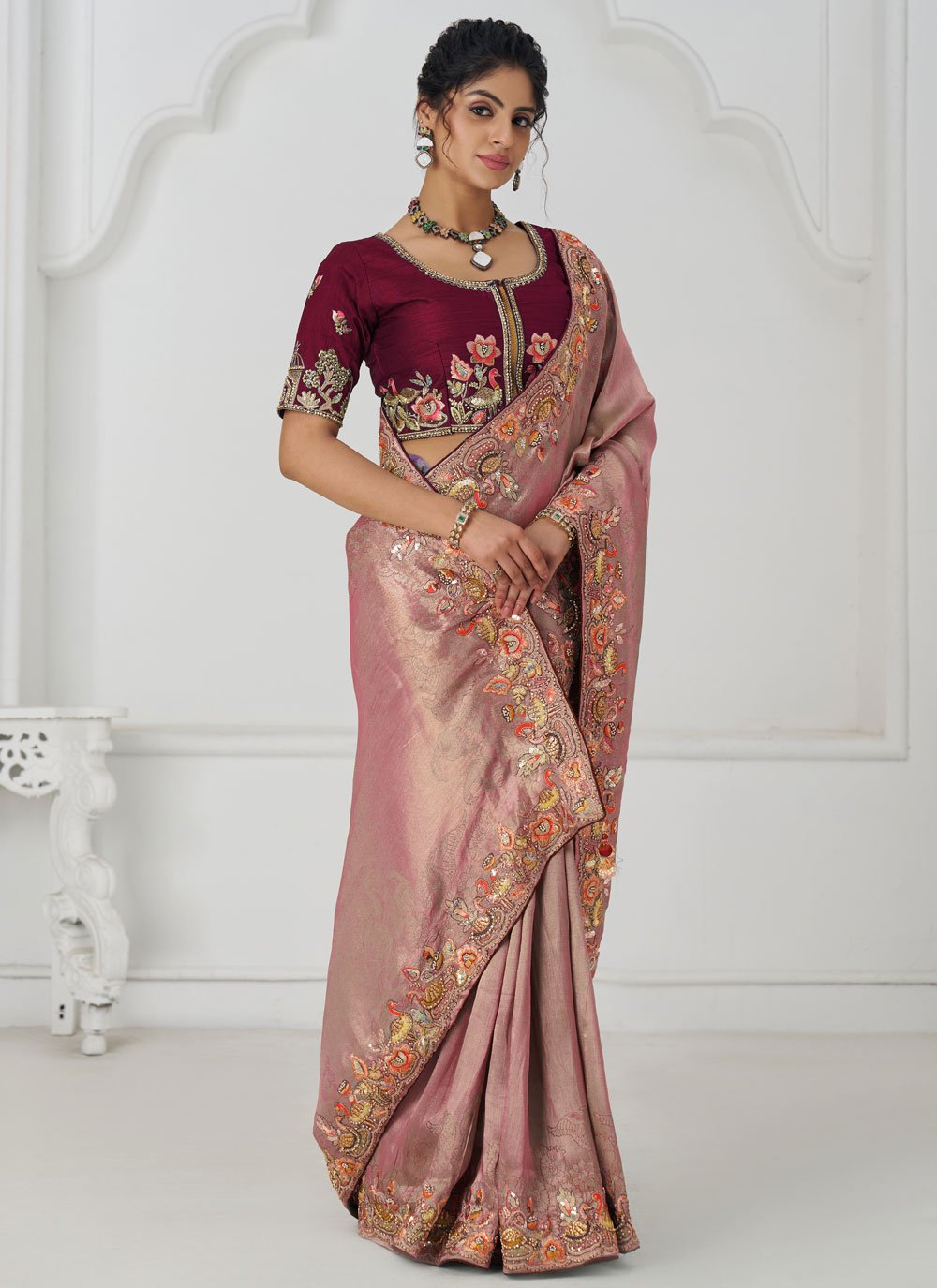 Bird motif design with sequins & beads saree