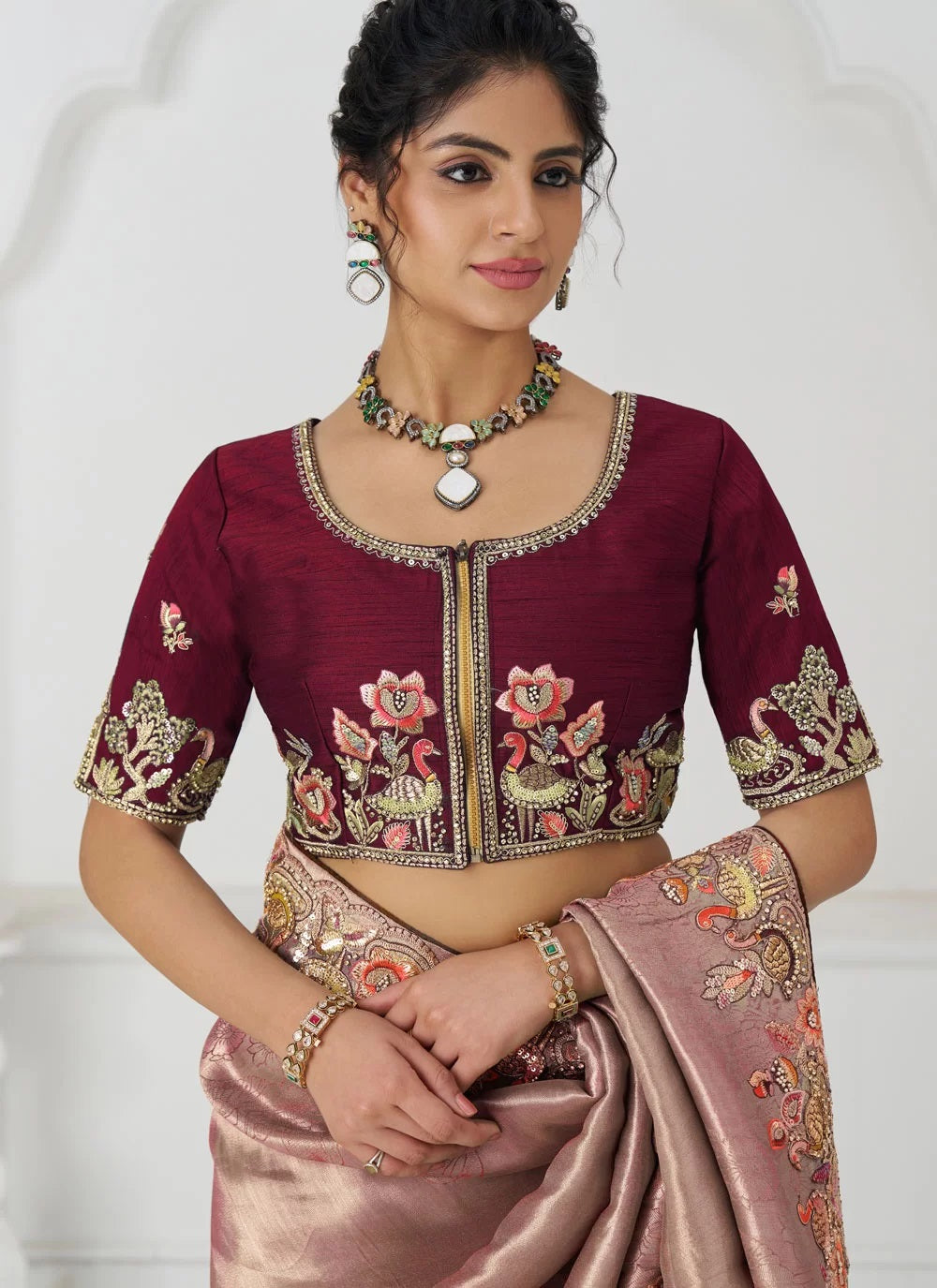 Pink Dola Silk Saree with Embroidery and Bird Motifs – GFS3728-111