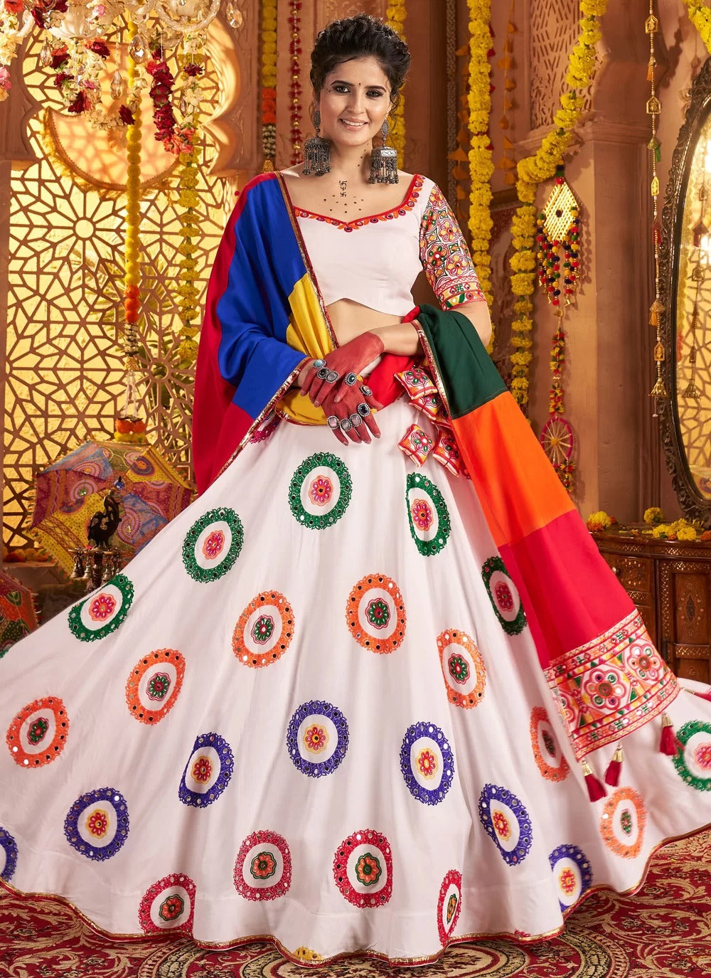 Graceful White Mirror Work Chaniya Choli for Navratri