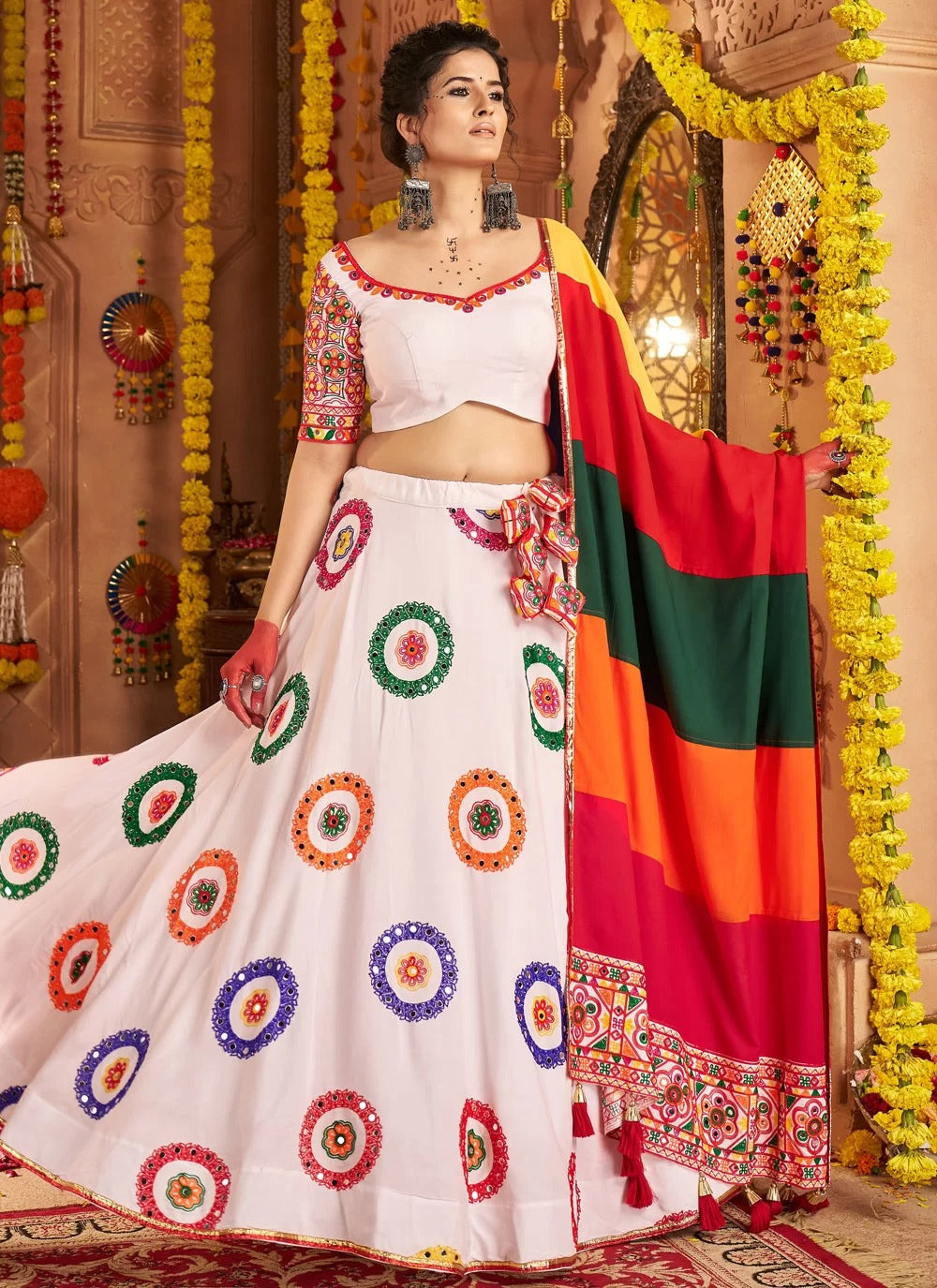 White Mirror Work Viscose Cotton Chaniya Choli for Navratri 2025 – Gunj Fashion
