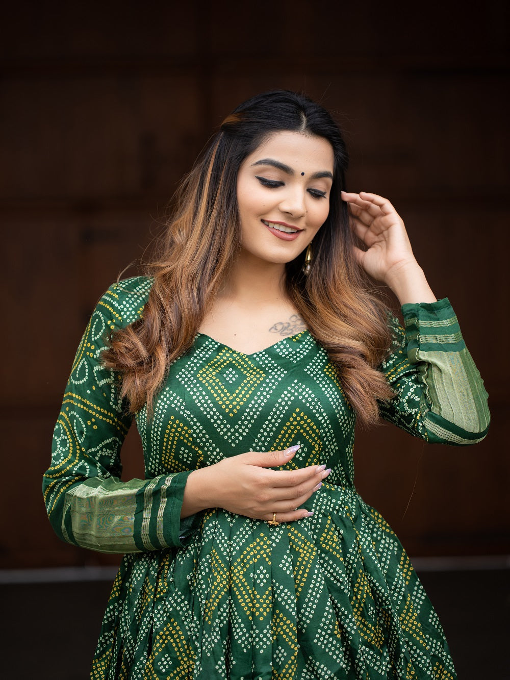 Green Color Digital Bandhej Printed Pure Gaji Silk Dress