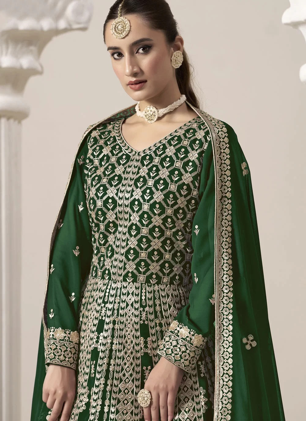 Graceful Green Faux Georgette Embroidered Anarkali Suit