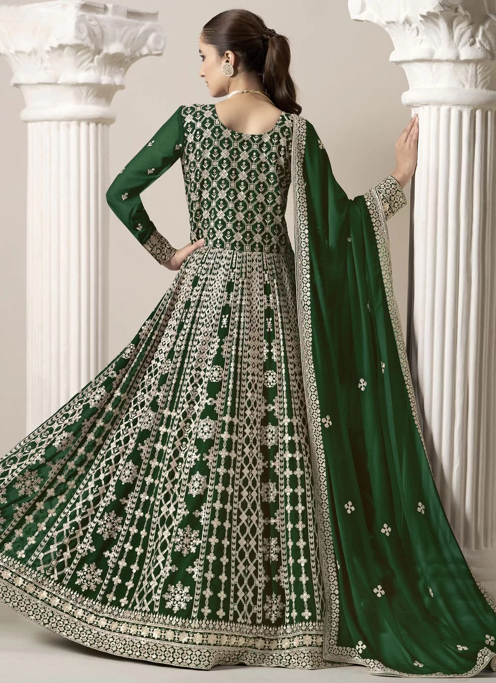 Green Faux Georgette Embroidered Anarkali Suit