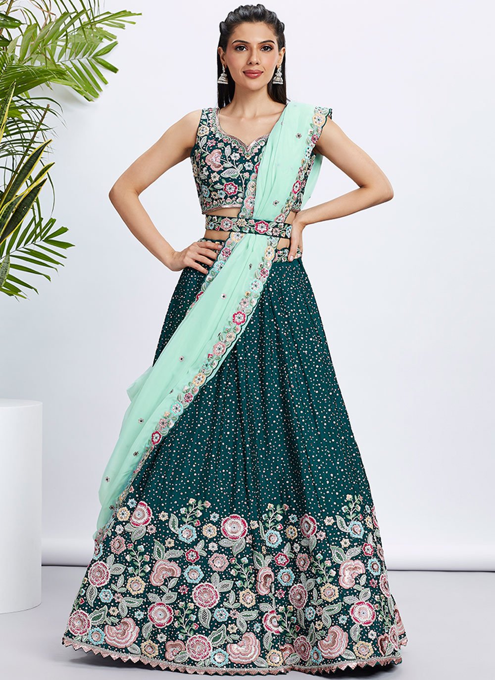 Green Pure Chiffon Lightweight Indian Sangeet Lehenga