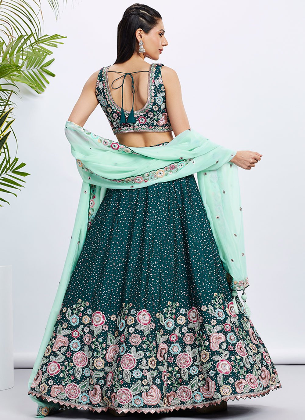 Green Pure Chiffon Lightweight Sangeet Lehenga