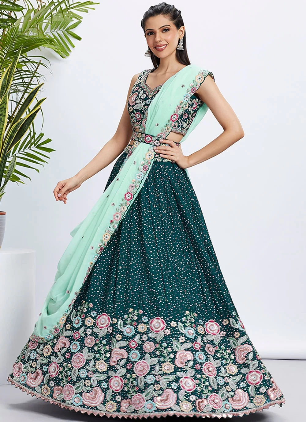 Sequins Embroidered Green Lehenga for Sangeet