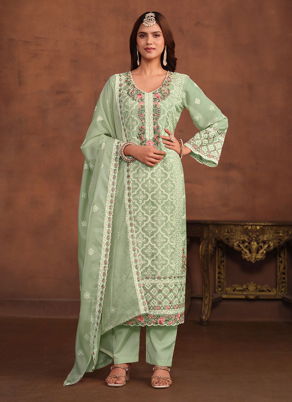 Green Soft Organza Pant Style Indian Suit with Embroidery