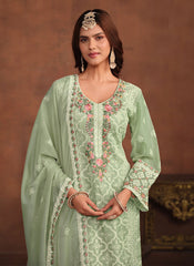 Green Soft Organza Pant Style Indian Suit with Embroidery