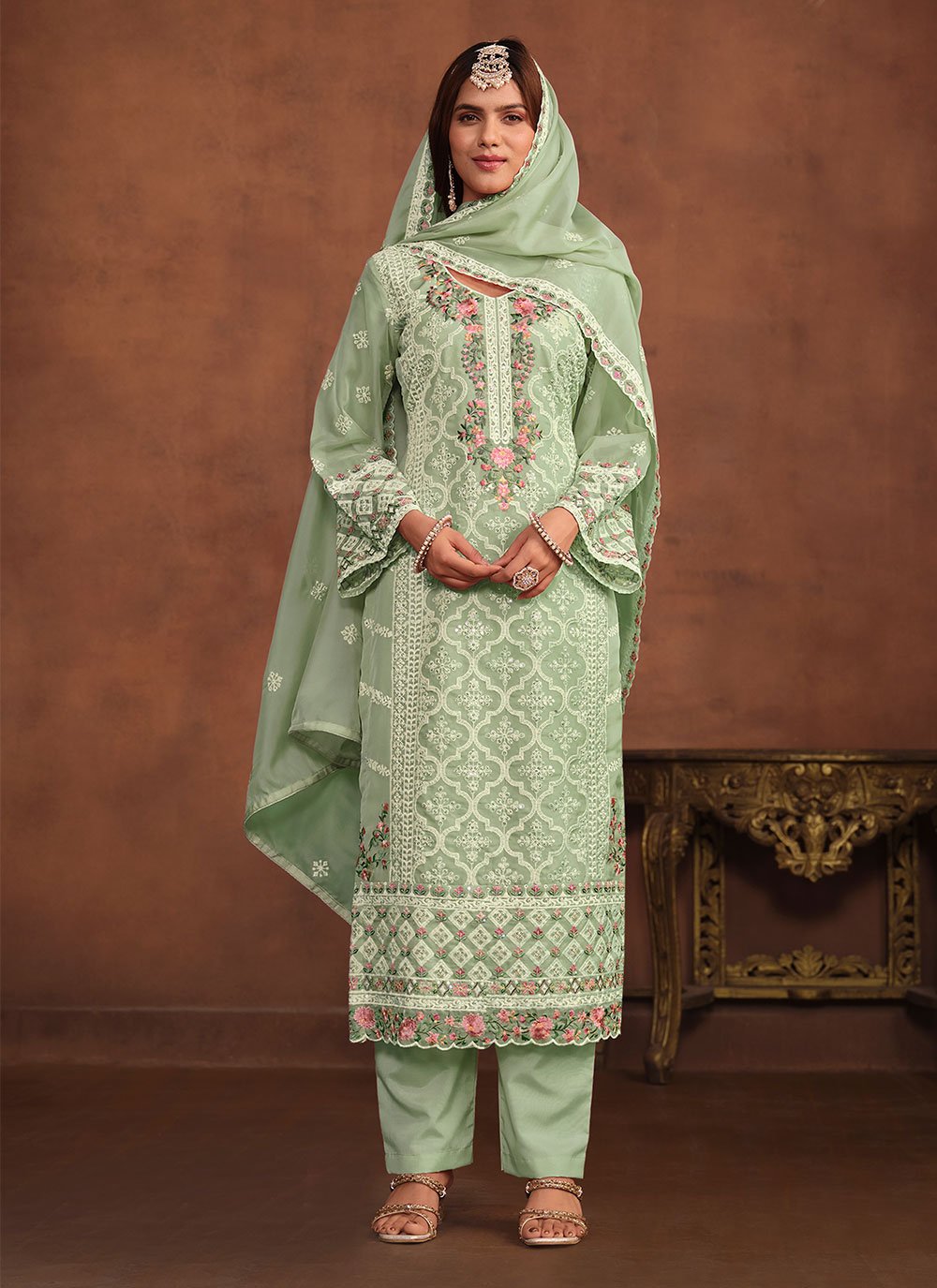 Green Soft Organza Pant Style Indian Suit with Embroidery