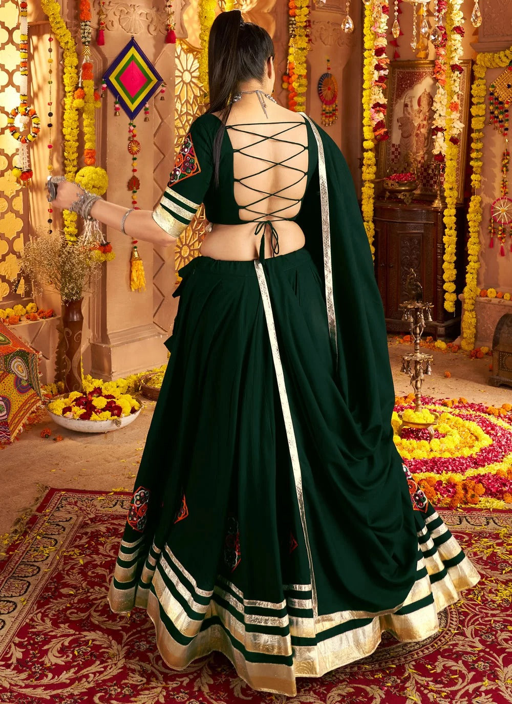 Green Mirror Embroidered Rayon Lehenga Choli for Navratri