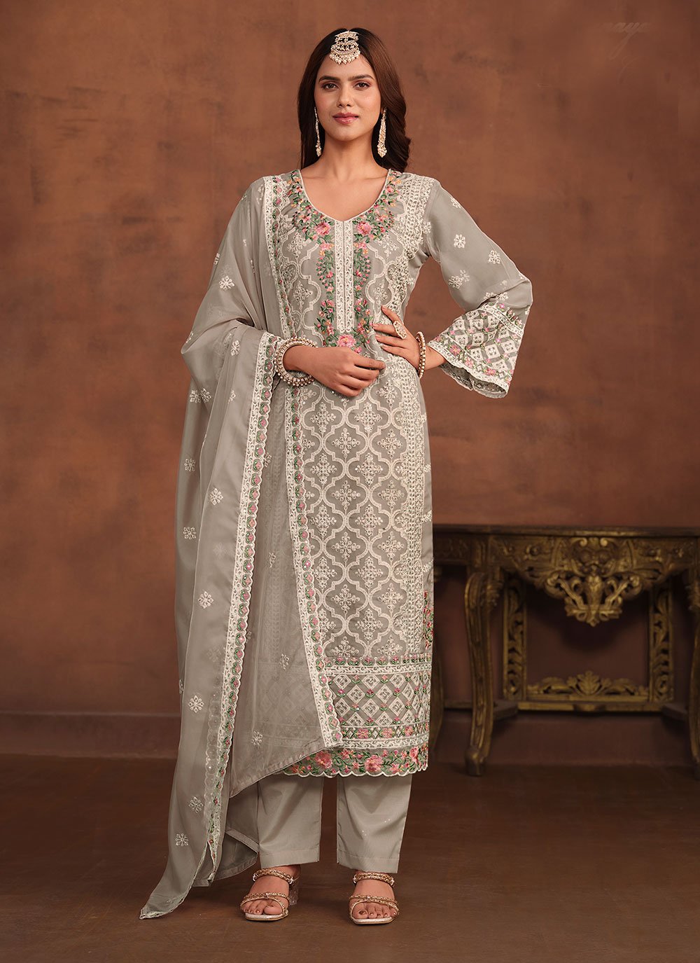 Grey Soft Organza Straight Pant Suit with Embroidery Work