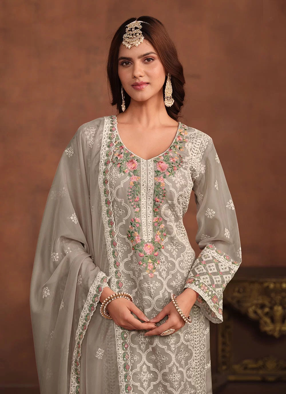 Grey Soft Organza Straight Pant Suit with Embroidery Work