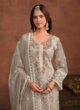 Grey Soft Organza Straight Pant Suit with Embroidery Work