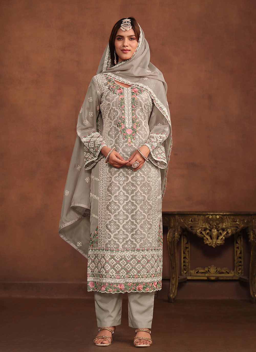 Grey Soft Organza Straight Pant Suit with Embroidery Work