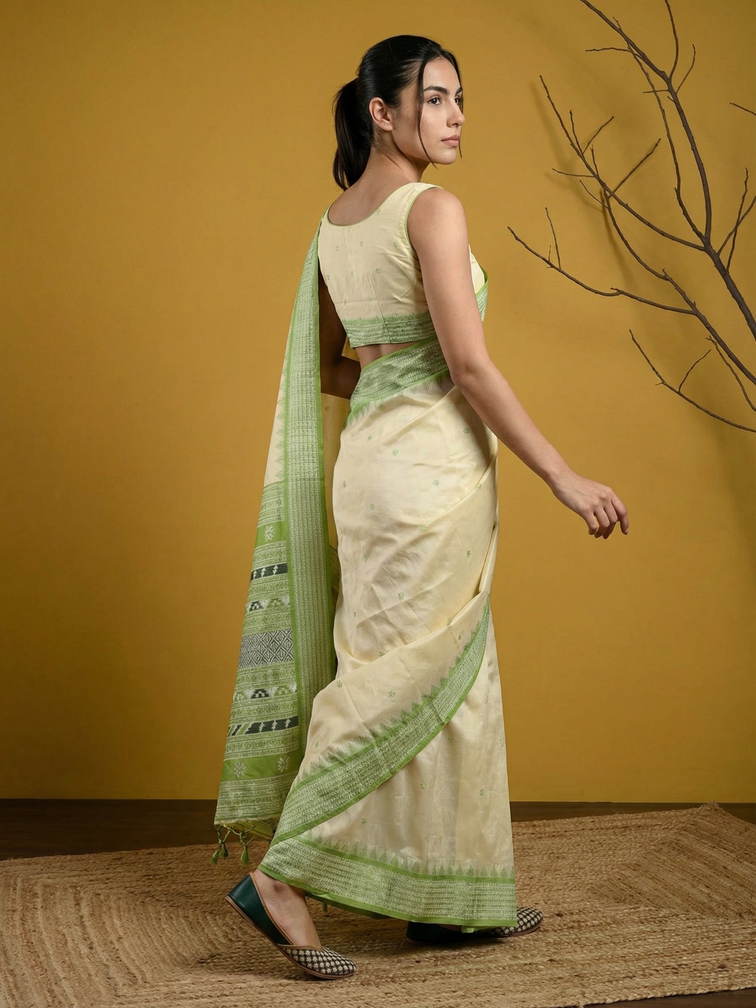 ethnic pista green silk saree with classic handcrafted appeal