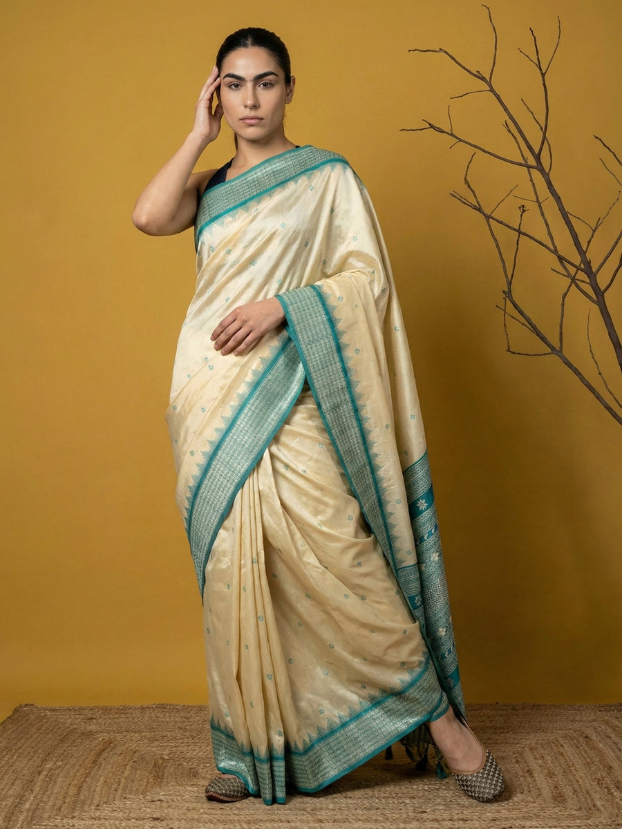 rama green handloom soft silk saree with zari woven motifs