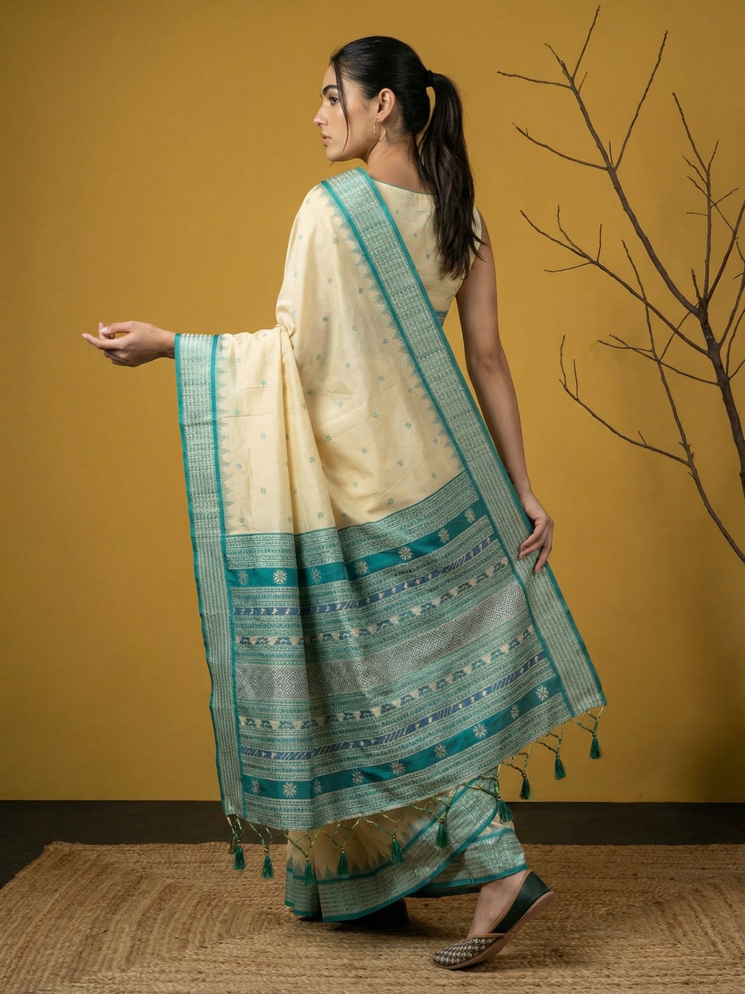 classic traditional saree with handcrafted woven design and tassels