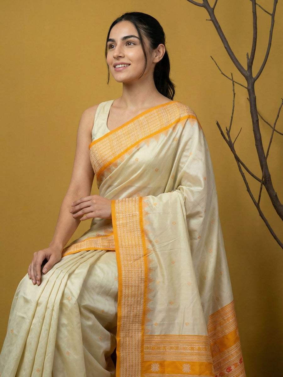 elegant yellow silk saree with contrast traditional border and tassels