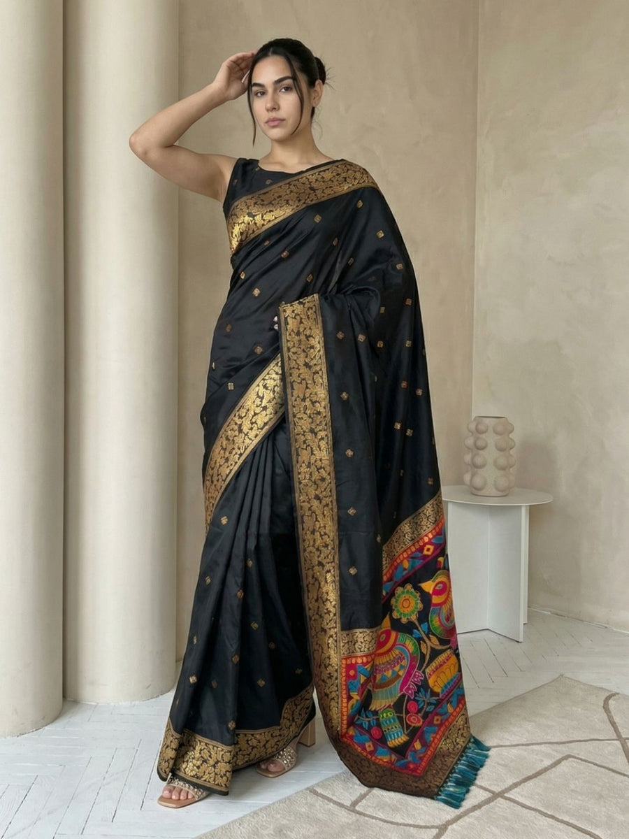 black soft silk meenakari saree
