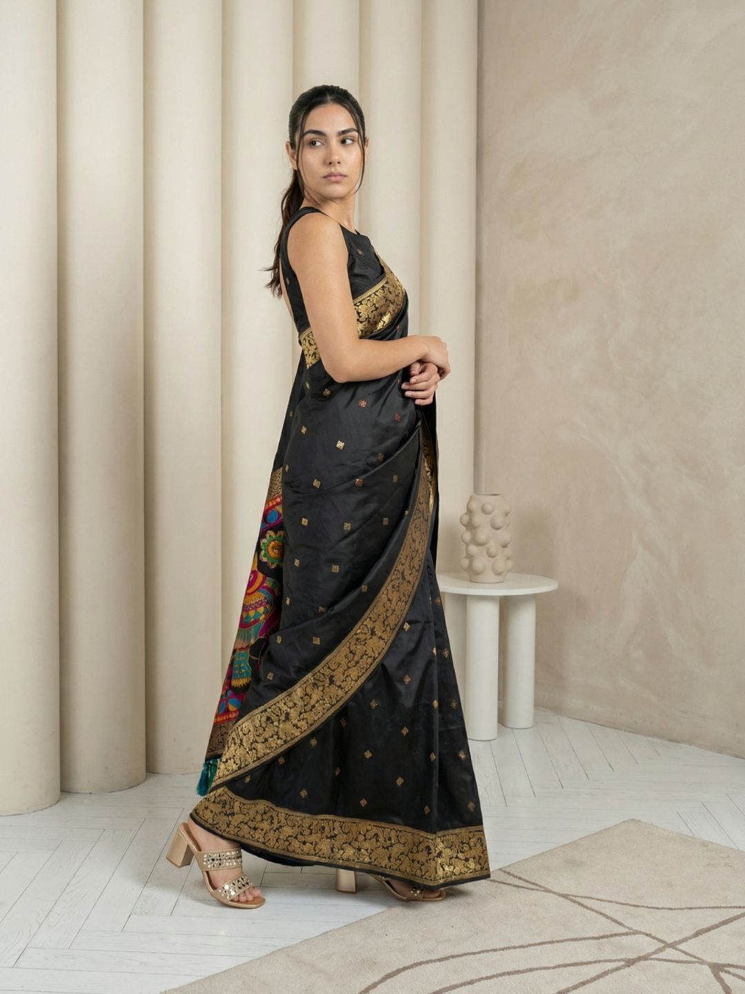 designer black silk saree with border