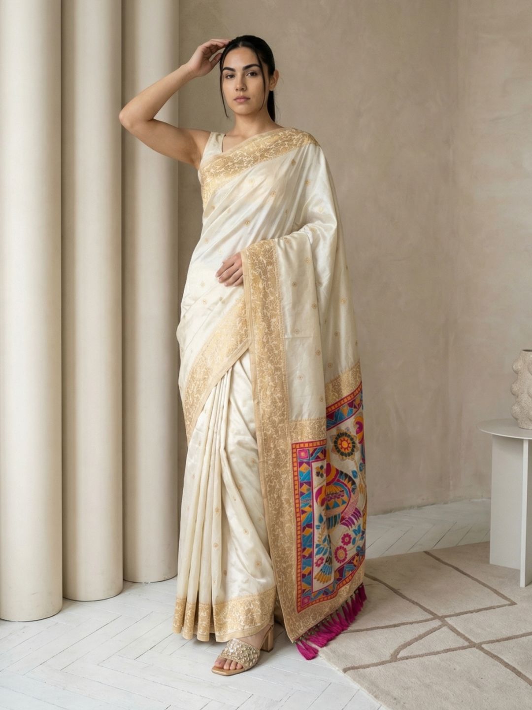 designer silk saree with unique sparrow pallu and elegant finish
