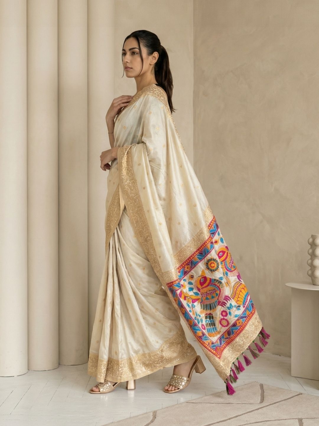 traditional soft silk saree with floral woven border and rich pallu