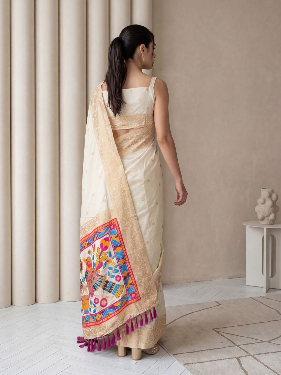 premium silk saree with meenakari work and artistic bird motif